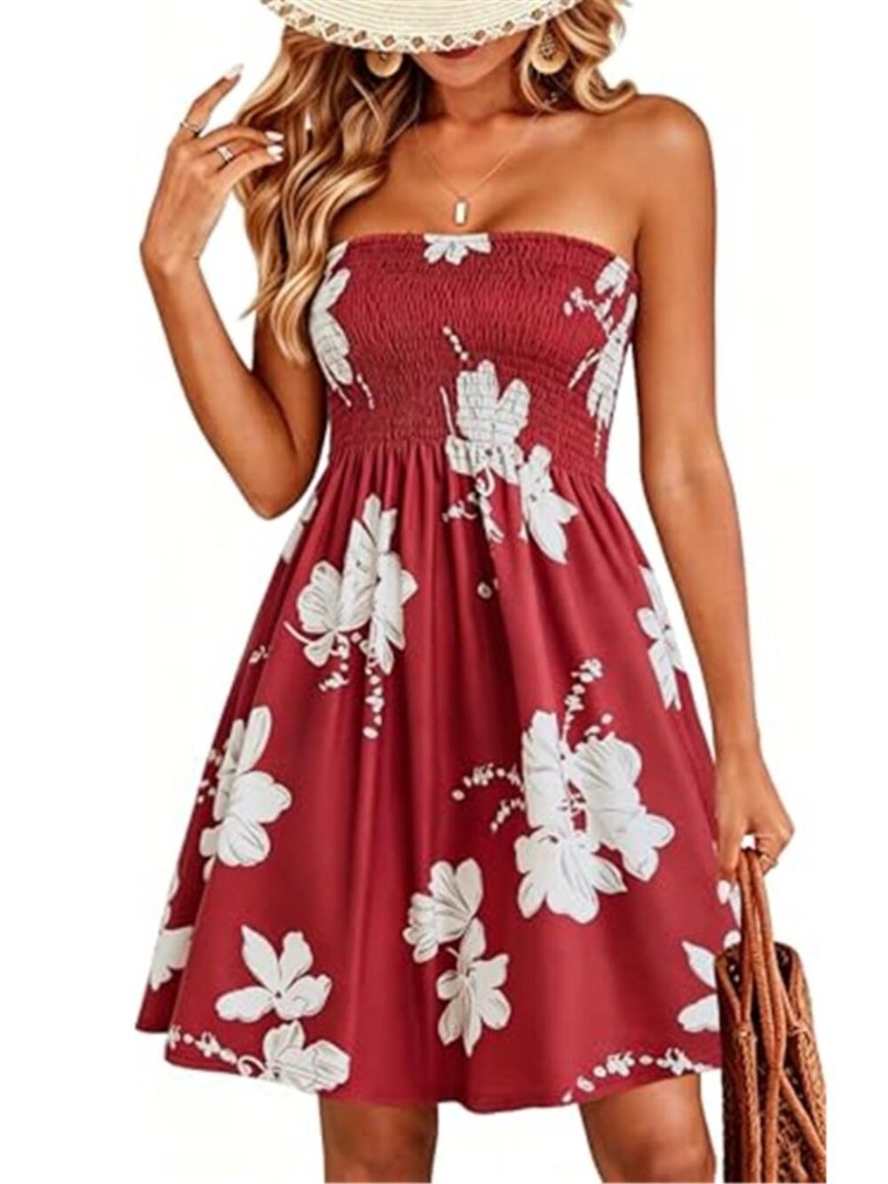 CHICGAL Red Floral Strapless Swim Cover Up Smocked Beach Sundress
